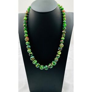 Vintage Green Millefiori Murano Floral Glass Bead Necklace Magnetic Clasp 18"